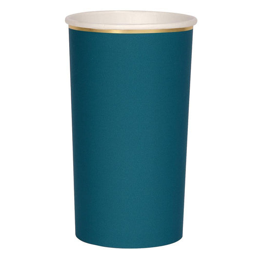 Vasos Grandes Verde Azulado Oscuro con Borde Dorado (8 Piezas)