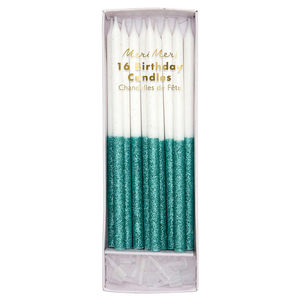 Velas Blancas con Glitter Verde Metálico (16 Velas)