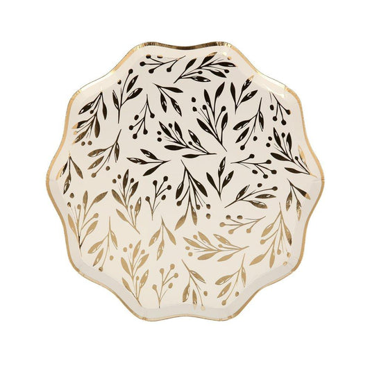 Platos Navideños con Ramas de Pino Dorado (8 Piezas)