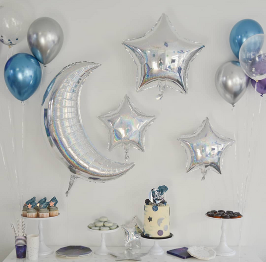 Kit de Globos de Luna y Estrellas Holográficas (6 Piezas)