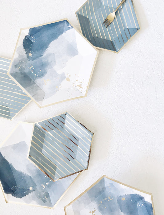 Platos Pequeños Azul con Líneas Doradas (8 Piezas)