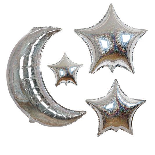 Kit de Globos de Luna y Estrellas Holográficas (6 Piezas)