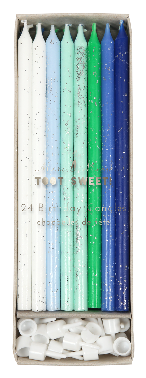 Velas Degradado de Tonos Azul con Glitter Plateado (24 Velas)