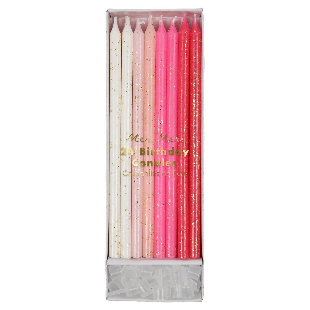 Velas Degradado de Tonos Rosa con Glitter Dorado (24 Velas)